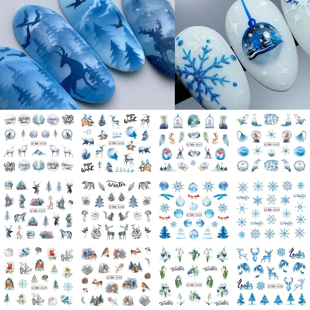 Top Trends: 12Pcs Winter Water Decals Nail Art Deer Bear Snowbird Sliders Cottage Landscape Watercolor Nail Stickers Tattoos Shoppable Styles