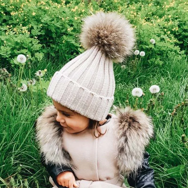 Top Trends: Winter Baby Hat Warm Knitted Hats For Kids Real Fur Pompom Beanie Solid Color Children Cap For Girls Boys Shoppable Styles