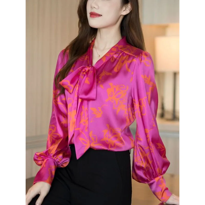 Top Trends: 2023 New Spring Fashion Print V-neck Rose Red Unique Ribbon Satin Shirt Temperament Commuting Women&#039;s Lantern Sleeve Casual Top Shoppable Styles