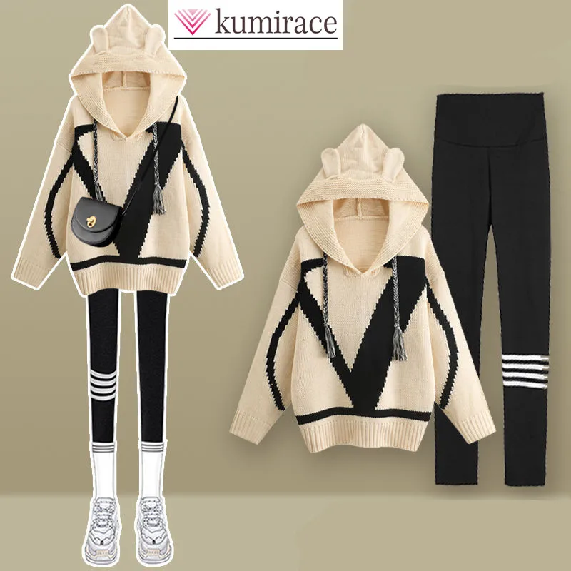 Top Trends: Korean Cartoon Knitted Sweater Hoodie Pullover Tight Leggings Two Piece Elegant Women&#039;s Pants Set Winter Warmth And Fun Dress Shoppable Styles