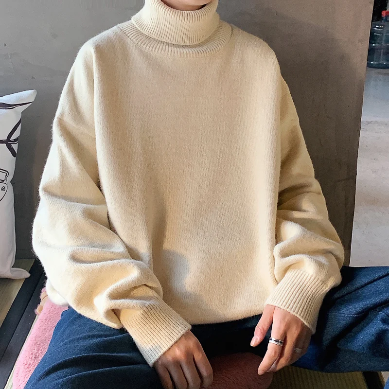 Top Trends: Men's Turtleneck Sweater Autumn Men's Warm Knitted Sweater Solid Color Harajuku Korean Style High Neck Oversized Male Brand Shoppable Styles