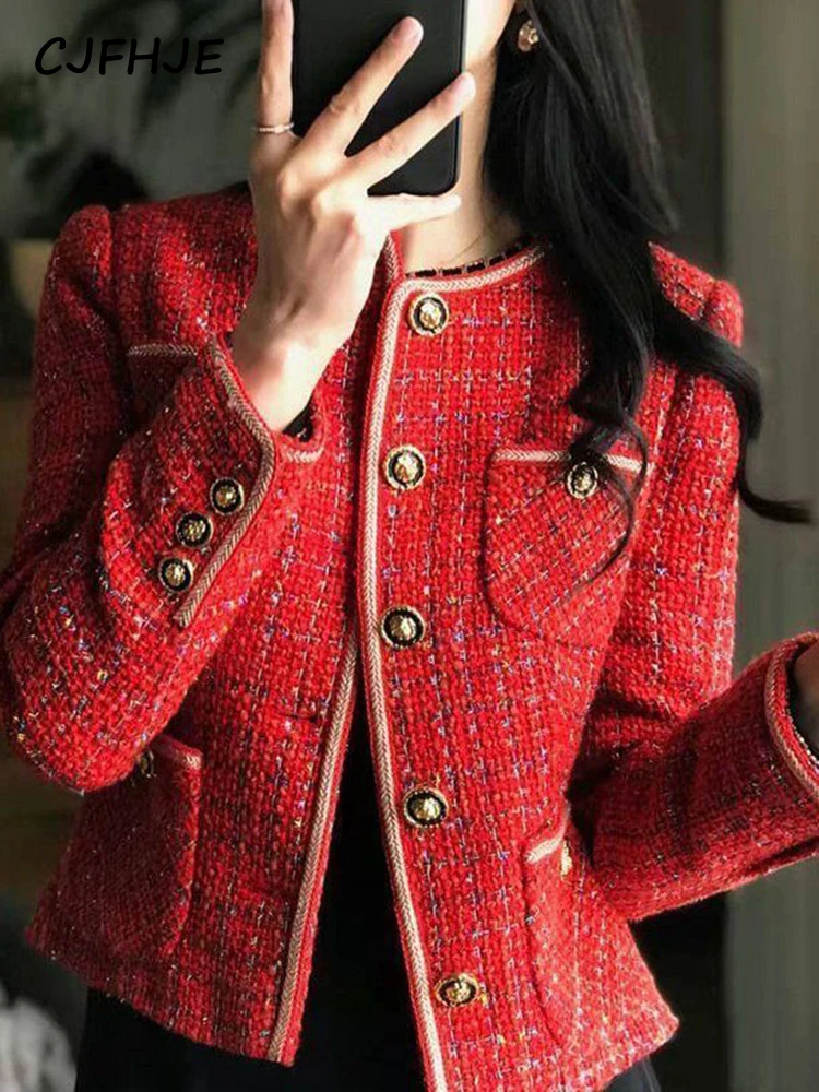 Top Trends: CJFHJE Red Tweed Blazers Women New Autumn Winter Loose O-Neck Single-Breasted Suit Jacket Female Korean Style Elegant Lady Coats Shoppable Styles