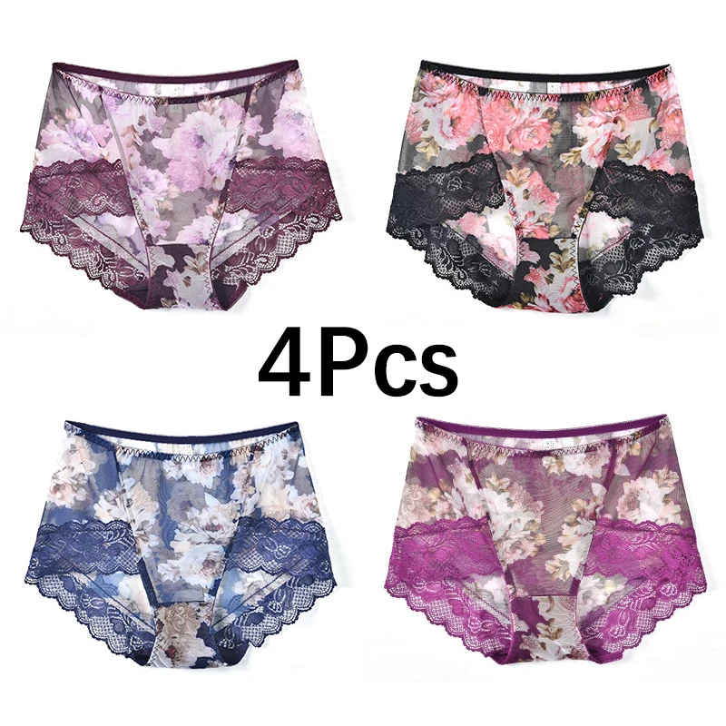 Top Trends: 4Pcs / lot Lace Panties Women Mid Waist Plus Size Female Sexy Underwear Ultra-thin Transparent Knicker Seamless Briefs Lingerie Shoppable Styles