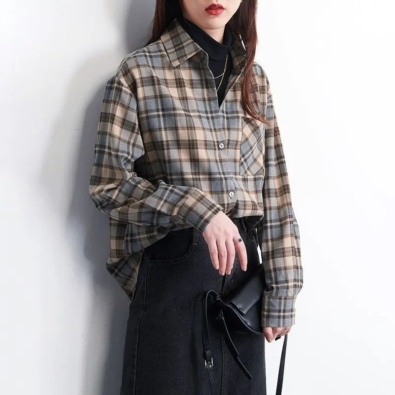 Top Trends: Casual Vintage Turn-down Collar Plaid Button Shirt Korean Female Long Sleeve Loose Pockets Blouse Autumn Winter Women&#039;s Clothing Shoppable Styles