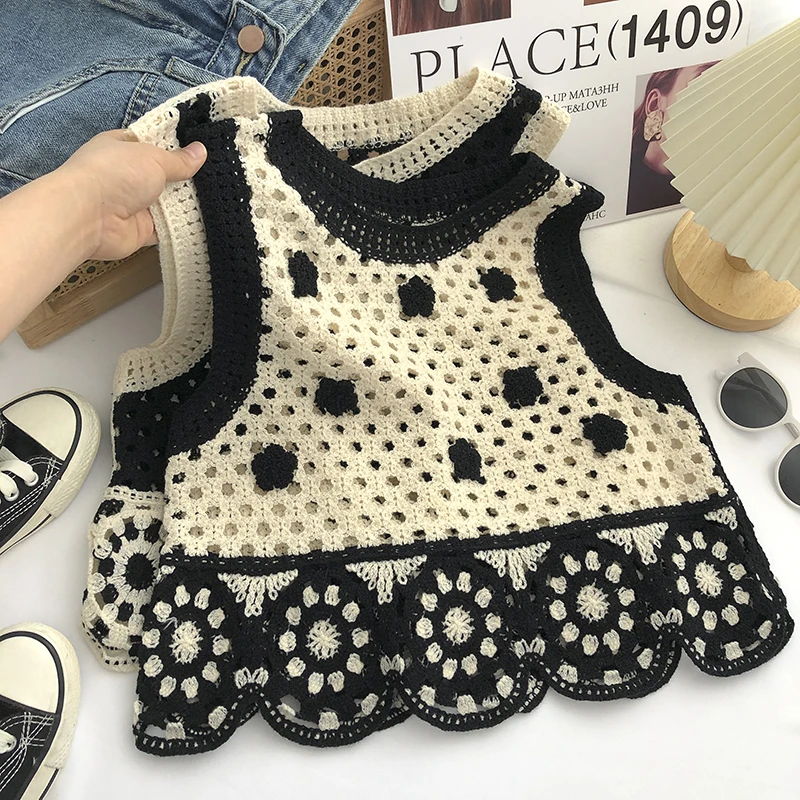 Top Trends: OUMEA Women Crochet Sleeveless Tanks Openwork Retro Tops Korean Style Contrast Color Chic Knitting Tops Hot Girl Tops Ins Shoppable Styles