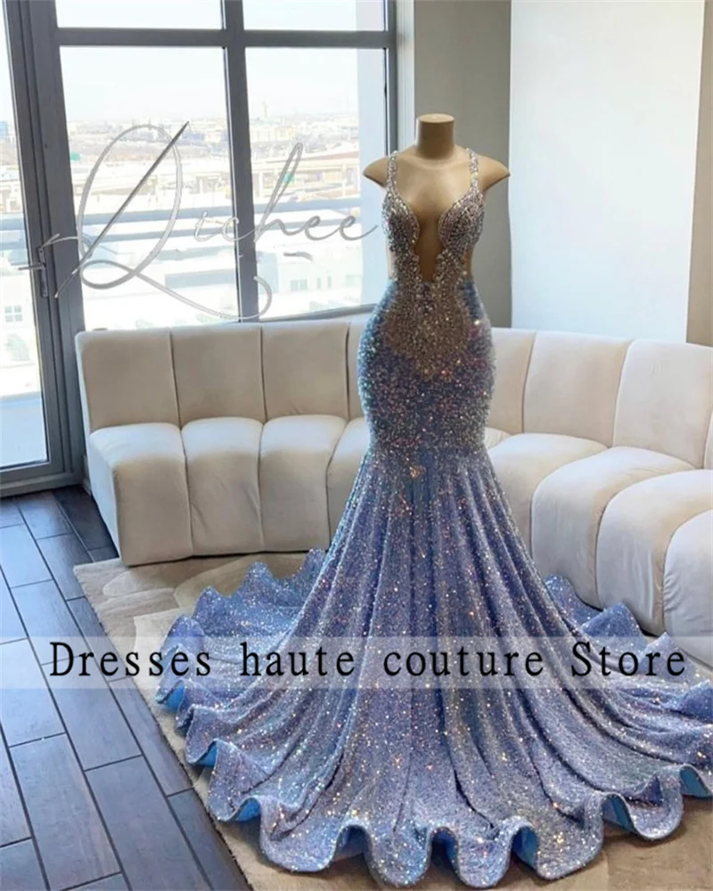 Top Trends: Sky Blue Sequins Diamonds Long Mermaid Prom Dresses 2024 For Black Girls Luxury Rhinestones Evening Gowns Vestidos De Fies Shoppable Styles