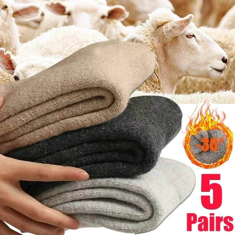 Top Trends: 5Pairs Winter Warm Women Socks Wool Male Men Socks Super Thicker Solid Socks Merino Wool Socks Against Cold Snow Terry Socks Shoppable Styles