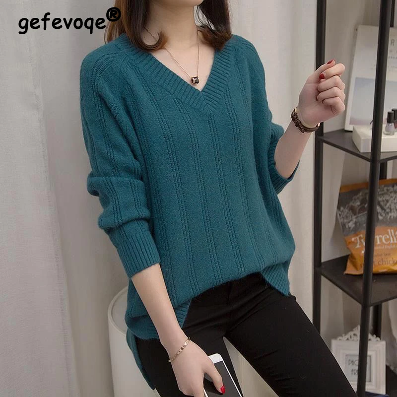 Top Trends: Autumn Winter Oversized V-neck Solid Sweater Top Women Simple All-match Bottoming Knitting Jumpers Loose Casual Fashion Pullover Shoppable Styles