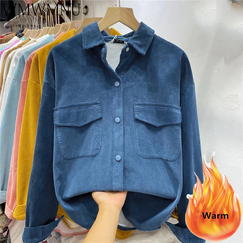 Top Trends: Winter Corduroy Fleece Lined Shirts Korean Fashion Casual Blouses Warm Long Sleeve Plush Tops Women Thicken Pocket Blousa New Shoppable Styles