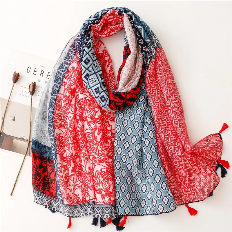 Top Trends: Fashion Aztec Floral Patchwork Thin Tassel Viscose Shawl Scarf Lady High Quality Wrap Pashmina Bufandas Muslim Hijab 180*90Cm Shoppable Styles