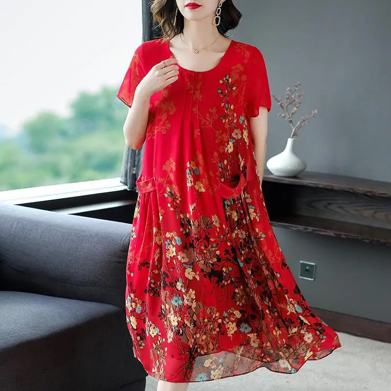 Top Trends: 2023 Summer Short Sleeve Casual Stylish Round Neck Dresses Female Folds Floral Printed Commute A-Line Loose Pockets Midi Dress Shoppable Styles