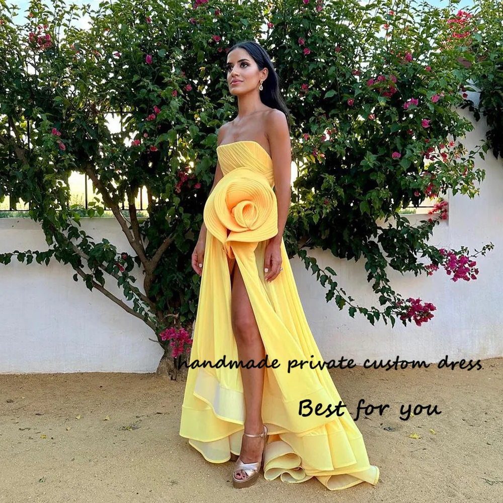 Top Trends: Yellow Strapless Evening Party Dresses Pleats Flower Sexy Leg Split Prom Dress Customized Women Celebrate Occasion Gonws Shoppable Styles