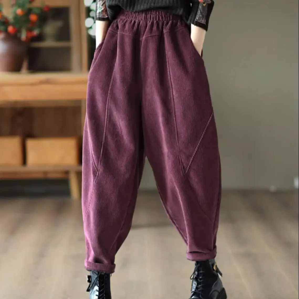 Top Trends: Literary Pure Cotton Corduroy Casual Pants Women's Autumn 2023 New Stitched Harem Pants Loose Vintage Versatile Pants Shoppable Styles - Image 6