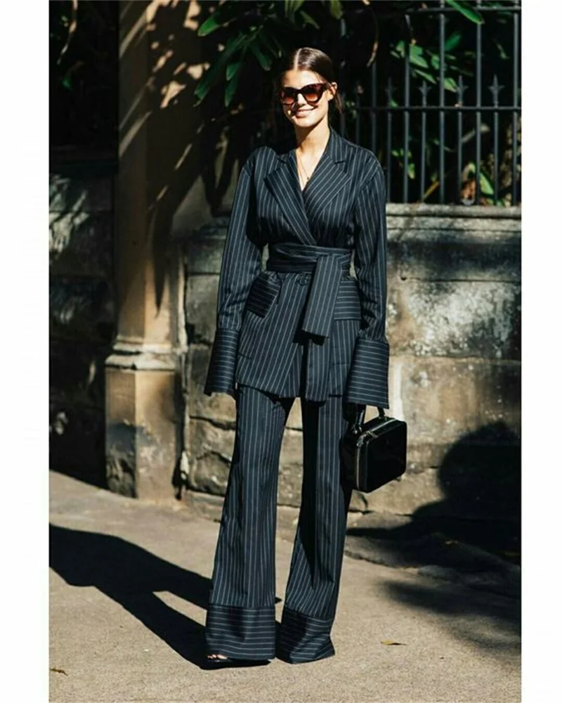 Top Trends: Black Pinstripes Women's Suits Set Custom Made 2 Pieces Blazer With Belt+ Pants Cool Girl Casual Party Prom Dress Streetwear Shoppable Styles