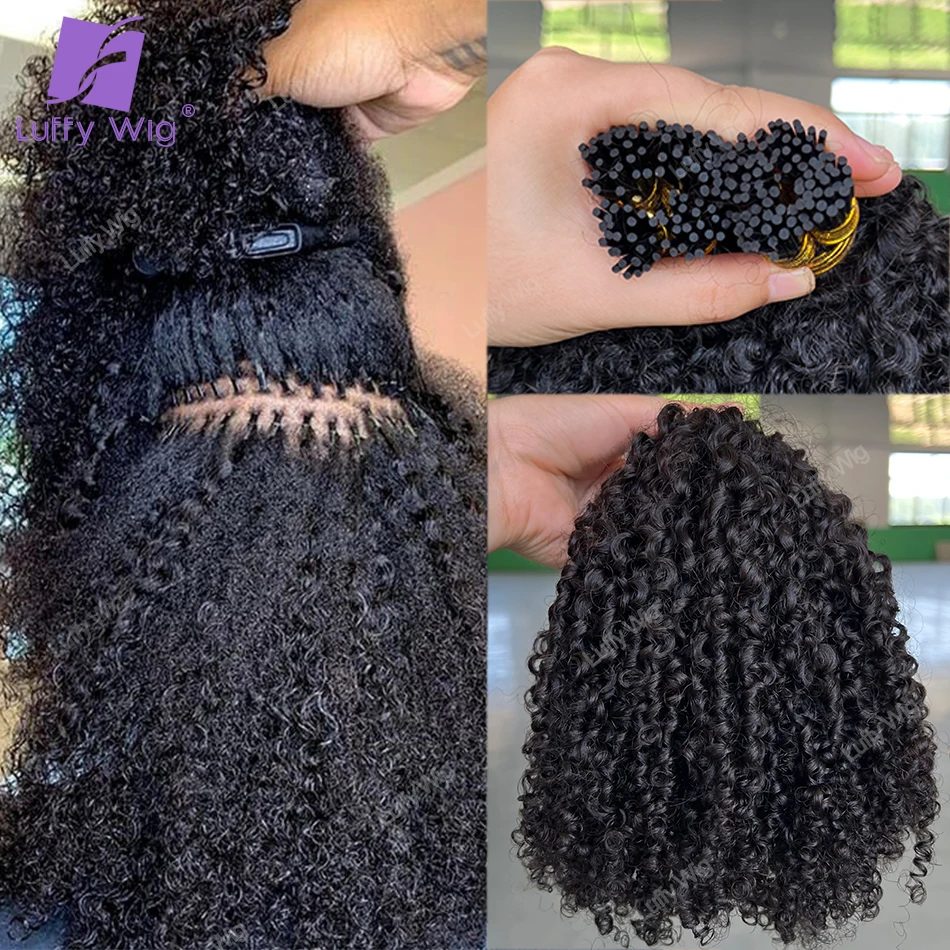 Top Trends: Double Drawn I Tip Hair Extensions Real Itip Human Hair Raw Remy Mongolian 3c 4a Afro Kinky Curly Fusion Hair Bundles Luffy Shoppable Styles