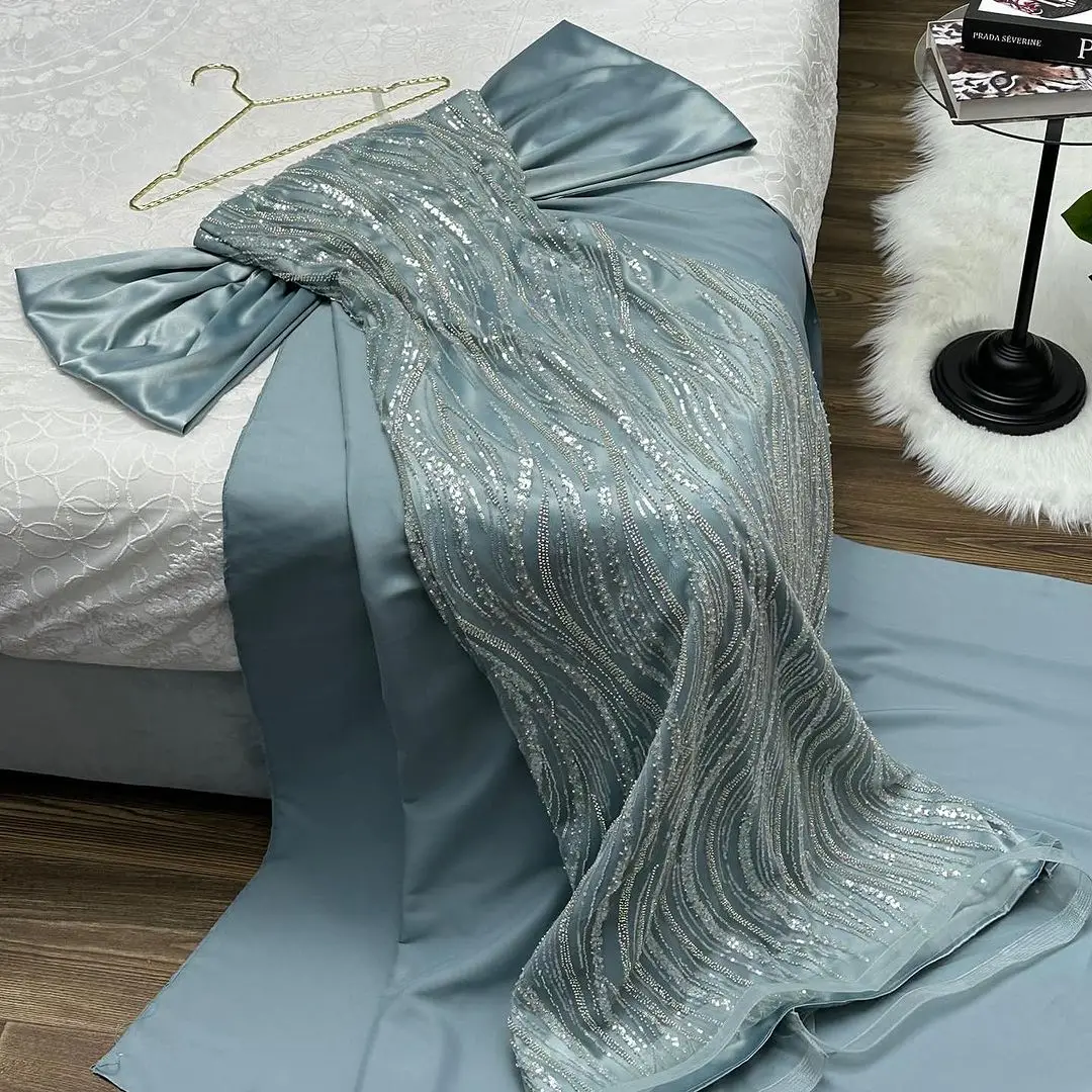 Top Trends: Blue Bow Strapless Prom Dresses Sequins Off The Shoulder Sleeveless Beaded Evening Dress 2023 Saudi Arabia Women's Formal Shoppable Styles