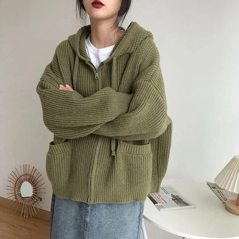 Top Trends: Japanese Retro Hooded Sweaters Women's Solid Color Knitted Sweater Loose Casual Cardigan Coat Female Autumn Winter New Y2k Style Shoppable Styles