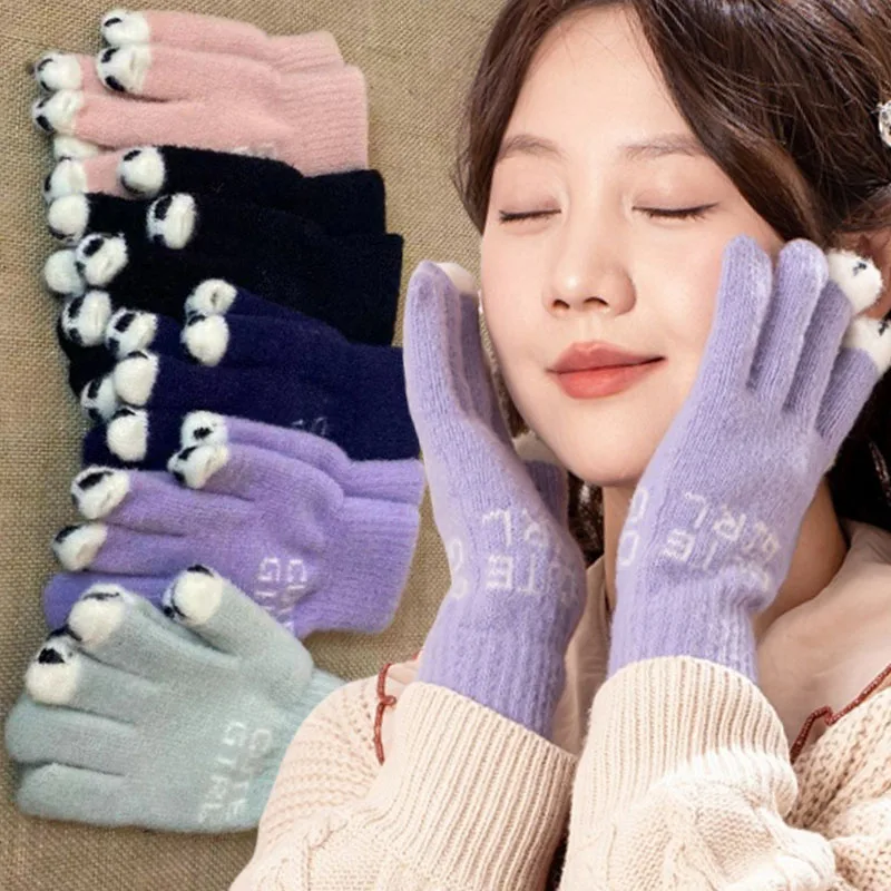 Top Trends: For Women Winter Fluffy Gloves Panda Fingertip Warm Knitted Fingerless Gloves Wool Touchscreen Phone Girls Full Finger Mittens Shoppable Styles