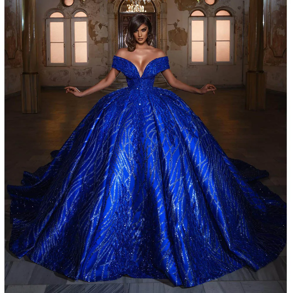 Top Trends: Sparking Royal Blue Wedding Dress Sweetheart Cap Sleeves Bridal Gowns Custom Made Sequined Shiny Chapel Train Vestido De Novia Shoppable Styles