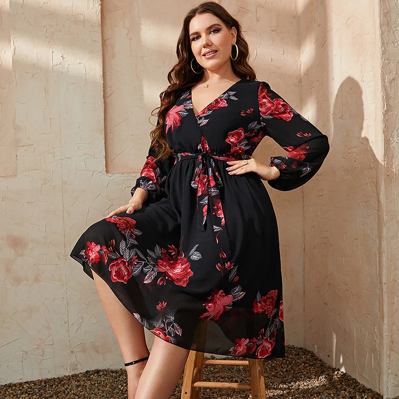 Top Trends: KEBY ZJ Plus Size Floral Print V Neck Midi Belted Dress Women Casual Spring Fall Long Sleeve Elegant Vintage A-Line Dresses 2022 Shoppable Styles - Image 3