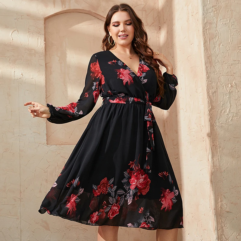 Top Trends: KEBY ZJ Plus Size Floral Print V Neck Midi Belted Dress Women Casual Spring Fall Long Sleeve Elegant Vintage A-Line Dresses 2022 Shoppable Styles - Image 5