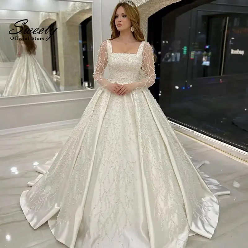 Top Trends: Luxury Wedding Dress Embroidered Lace Beading With Princess Ball Gown Square Collar Fullsleeve Bride Button Vestido De Novia Shoppable Styles