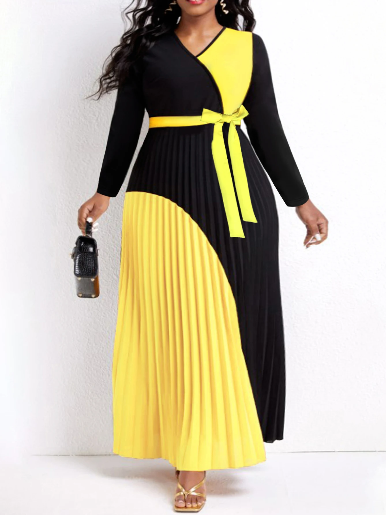 Top Trends: LW Elegant Fall Maxi Dresses Bandage Design Tiered Pleated A Line Dress Belted Long Sleeve V Neck Flowy Patchwork Vestidos Shoppable Styles