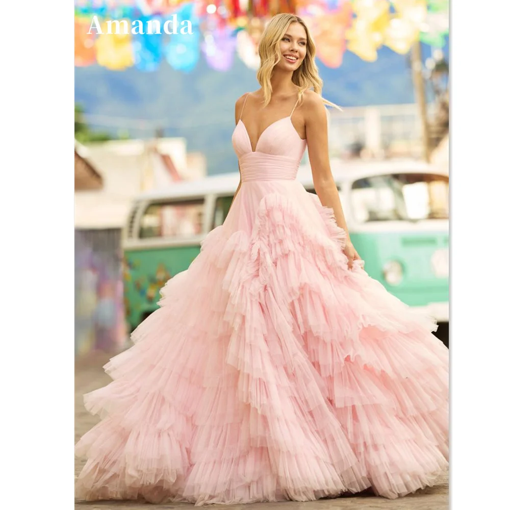 Top Trends: Amanda Baby Pink Multilayer Prom Dress 2023 Princess Evening Dresses Tulle Sweep Train Party Dresses Sleeveless Robe De Soirée Shoppable Styles