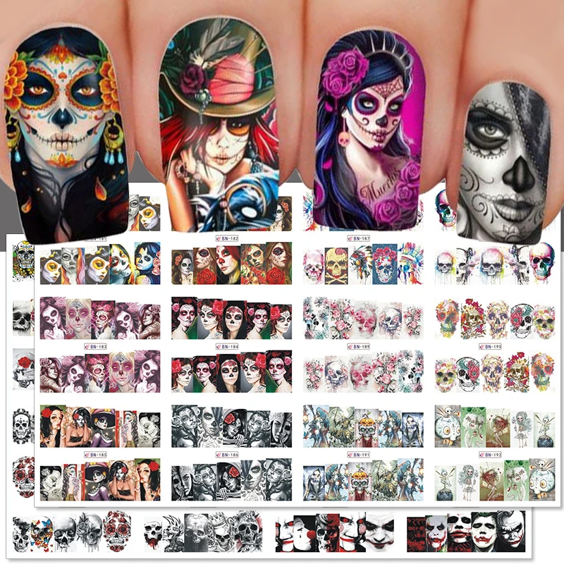 Top Trends: 12pcs Halloween Nail Stickers Ghost Bride Clown Scars Cartoon Snake Skull Water Transfer Foils Sliders Decorations For Manicure Shoppable Styles