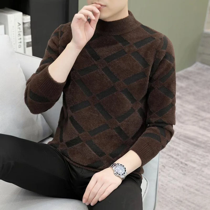 Top Trends: Fashion Stand Collar Spliced Korean Sweaters Men's Clothing 2023 Winter Loose Knitted Casual Pullovers All-match Warm Tops Shoppable Styles