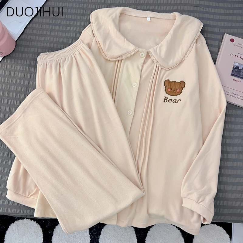 Top Trends: DUOJIHUI Two Piece Sweet Casual Home Pajamas For Women New Long Sleeve Cardigan Simple Pant Fashion Autumn Female Pajamas Set Shoppable Styles - Image 4