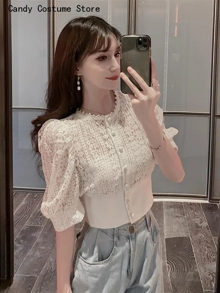 Top Trends: Out Shirt Vintage Puff Sleeve Korean Women Shirts Fashion Chic Tops Crochet Top Blouse Women Sexy Hollow Shoppable Styles - Image 2