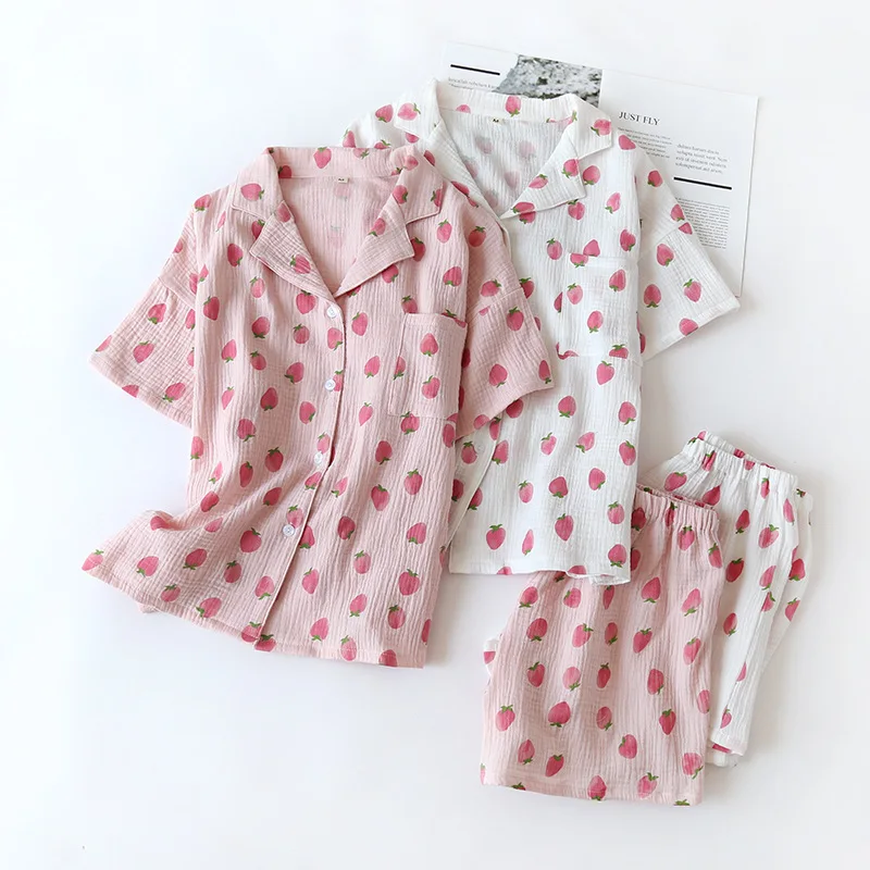 Top Trends: Japanese New Style Summer Cotton Short-sleeved Shorts Pajamas Suit Women Double Gauze Cute Strawberry Thin Home Service Women Shoppable Styles