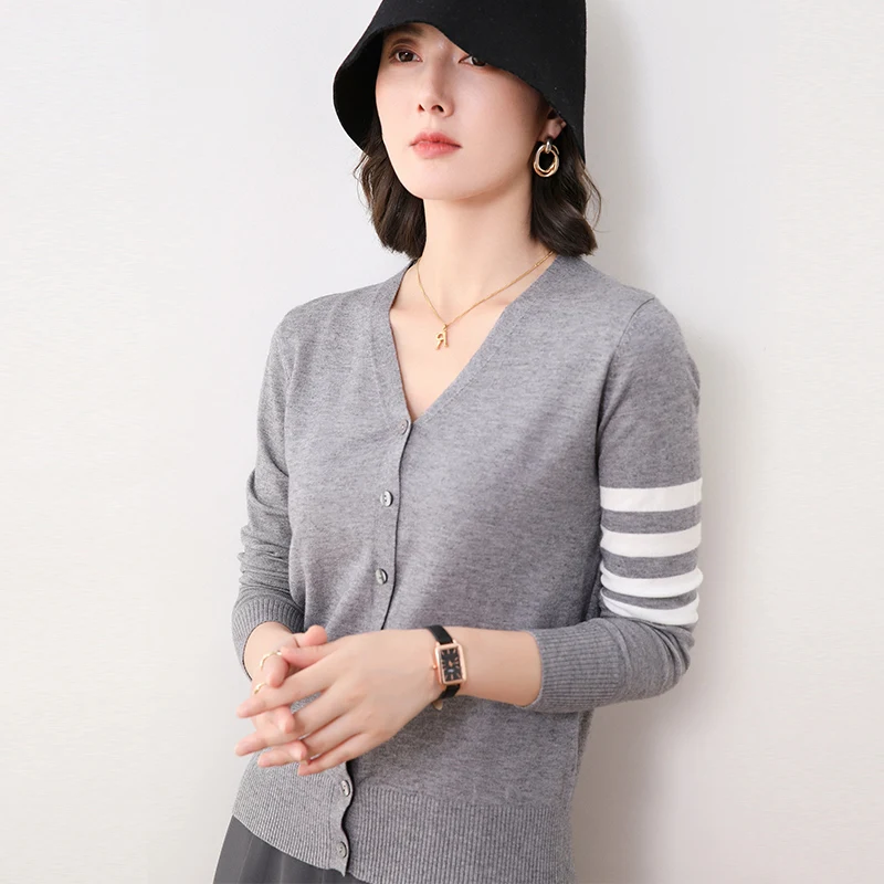 Top Trends: Solid V-Neck TB Women Cashmere Cardigan Sweater Single Breasted Cardigan 2022 Knitted Spring Autumn New Fashion Top Shoppable Styles