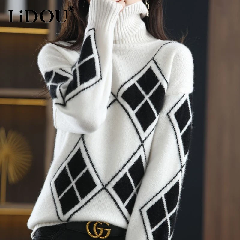 Top Trends: 2023 Autumn Winter New Turtleneck Long Sleeve Contrast Color Plaid Sweater Women High Street Loose Casual All-match Pullovers Shoppable Styles