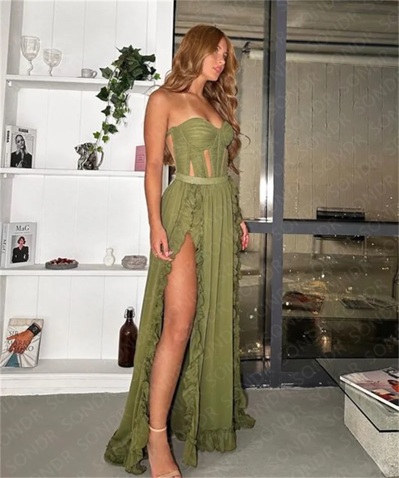 Top Trends: SONDR Green Long Chiffon A Line Beach Event Prom Night Dresses Sweetheart Side Slits Party Gowns Formal Occasion Dress Gown Shoppable Styles