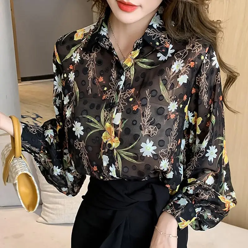 Top Trends: Fashion Lapel Button Printed Lantern Sleeve Floral Shirt Female Clothing 2022 New Oversized Loose Casual Tops Commute Blouse Shoppable Styles