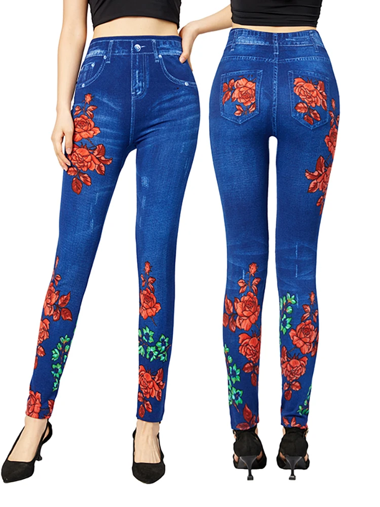 Top Trends: CUHAKCI Front Back Floral Print Women&#039;s Faux Jeans Sexy Slim Fit Skinny Workout Leggings Elegant Women&#039;s Fake Denim Pencil Pants Shoppable Styles