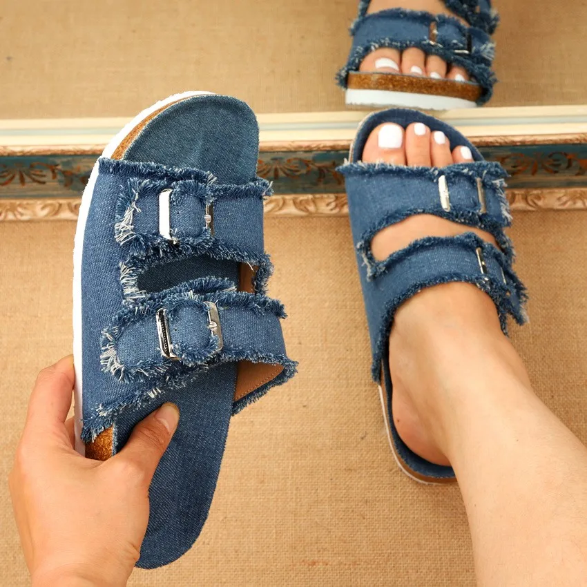 Top Trends: 2022 New Summer Beach Cork Slippers Casual Double Buckle Non-slip Clogs Slides Women Slip On Flip Flop Shoe Denim Slipper Female Shoppable Styles