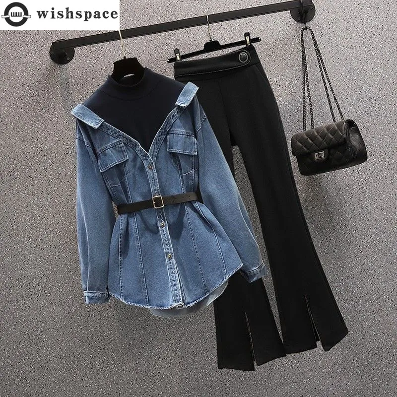 Top Trends: Korean Popular Autumn New Style Personalized Denim Splice Shirt Casual Wide Leg Trousers Two Piece Elegant Women&#039;s Pants Set Shoppable Styles