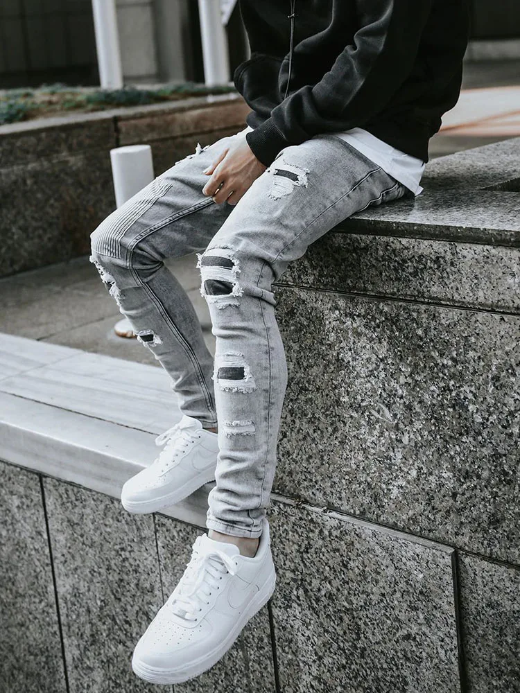 Top Trends: Men's Skinny Ripped Jeans Streetwear Fashion Beggar Patch Men Pencil Pants Grey / Blue Slim Denim Trousers Casual Jeans For Men Shoppable Styles - Image 2