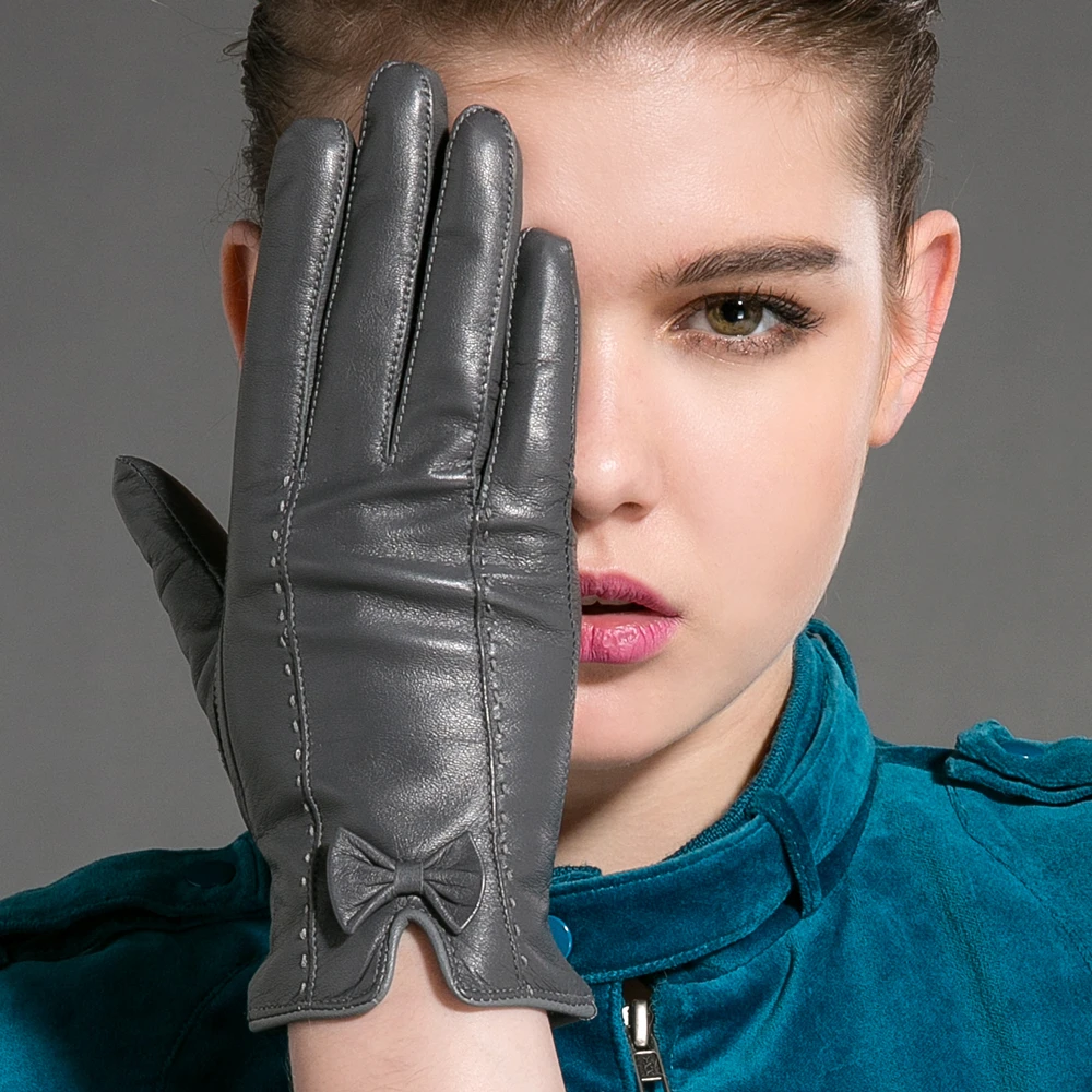 Top Trends: GOURS Winter Real Leather Gloves Women Gray Genuine Goatskin Gloves Fleece Lining Warm Soft Driving Fashion Bowknot New GSL015 Shoppable Styles