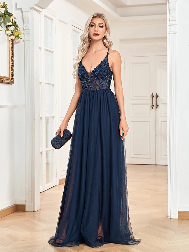 Top Trends: Lucyinlove Elegant Sexy Deep V Neck Navy Tulle Evening Dress Backless Chiffon Party Maxi Dress 2024 Women Dress Long Prom Dress Shoppable Styles