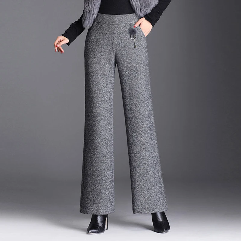 Top Trends: Women Vintage Straight Pants 2023 Autumn Winter High Waist Woolden Blend Flare Trousers Korean Fashion Elastic Loose Pantalones Shoppable Styles