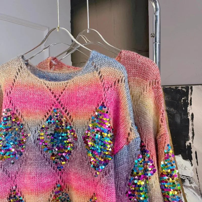 Top Trends: New Arrival Heavy Industry Rainbow Color Sequins Knitwear Top Women Loose Mid-Length Pullover Sweater Autumn And Winter Sweater Shoppable Styles - Image 3