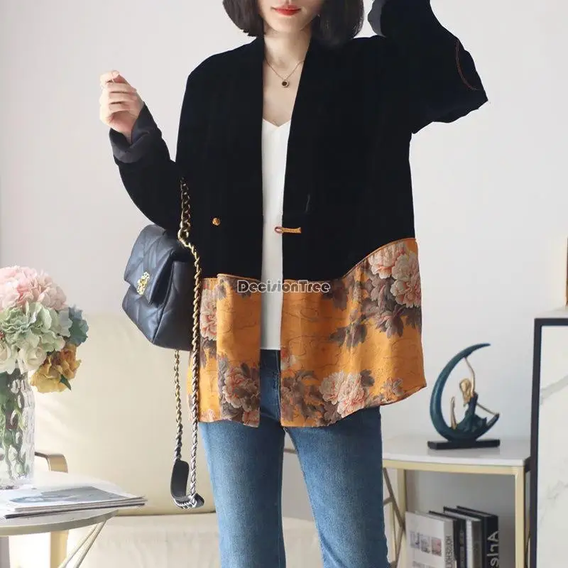 Top Trends: 2023 New Coat Women's Chinese Style Retro Long Sleeve Top Chic Retro New Chinese Velvet Stitching Design Cheongsam Button Coat Shoppable Styles