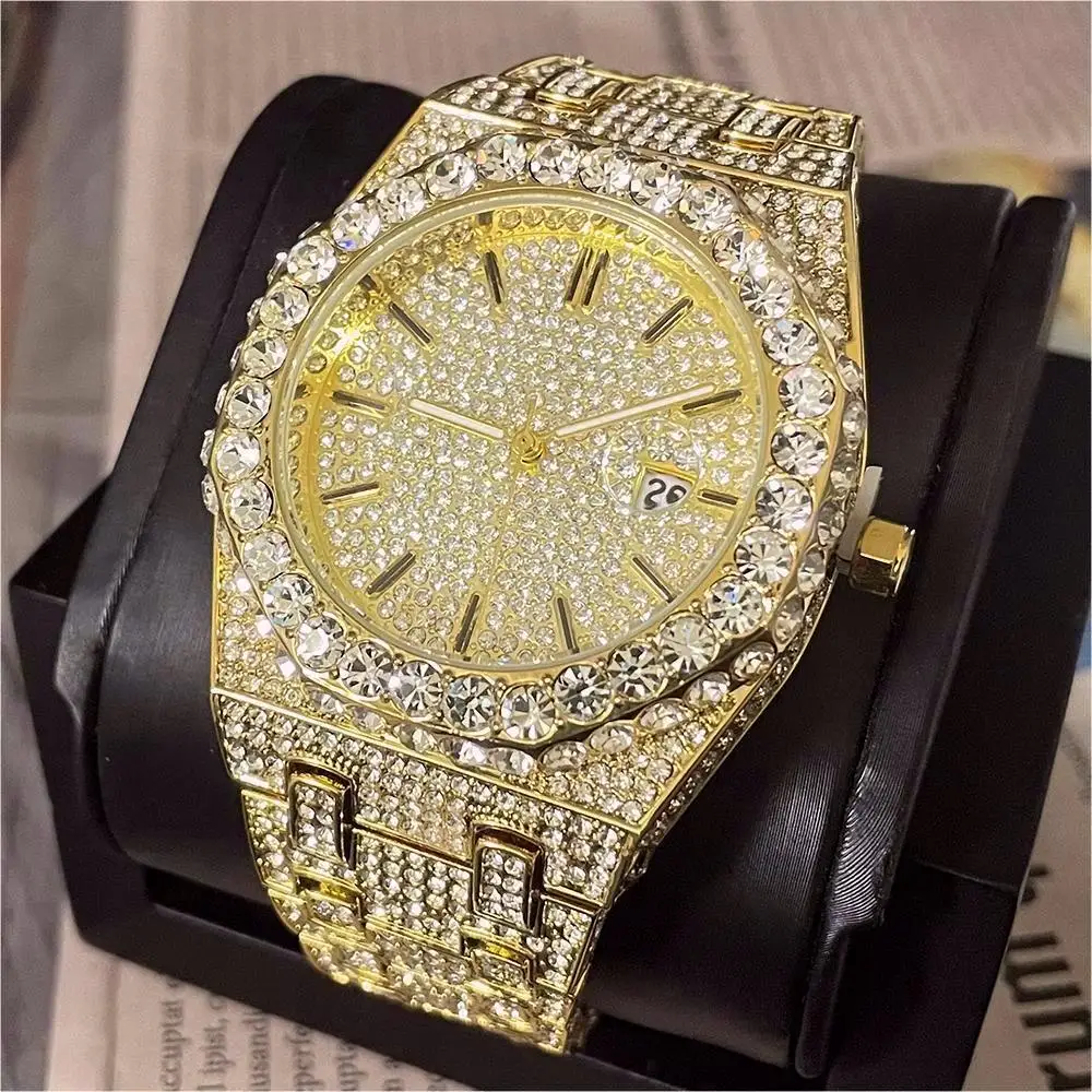 Top Trends: MISSFOX Luxury Gold Watch Men Fashion Automatic Date Steel Quartz Clocks Hip Hop Iced Diamond Jewelry Waterproof WristWatch 2023 Shoppable Styles