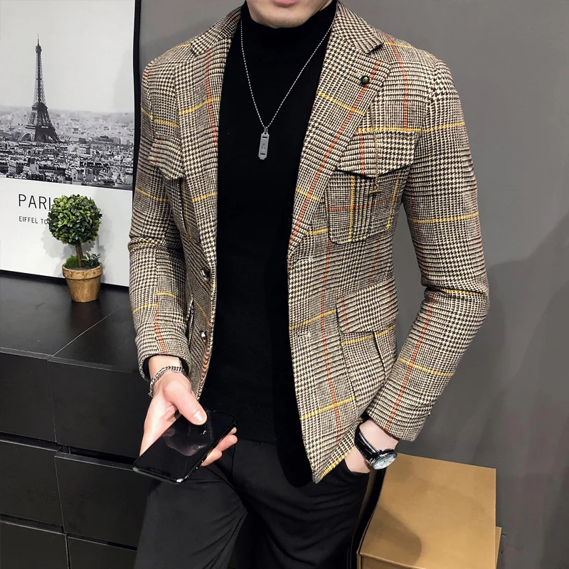 Top Trends: 2023 Spring Men Plaid Blazers British Printed Wedding Business Casual Blazer Suit Jacket Male Formal Blazers Plus Size S-3XL Shoppable Styles