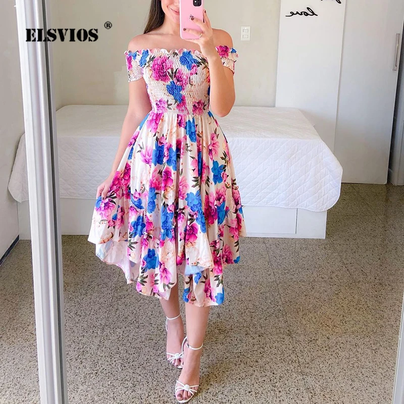 Top Trends: Women's Summer Fashion Bohemia Party Dress Sexy Off-shoulder Short Sleeves Sweet Butterfly Printed New Elegant Irregular Dresses Shoppable Styles