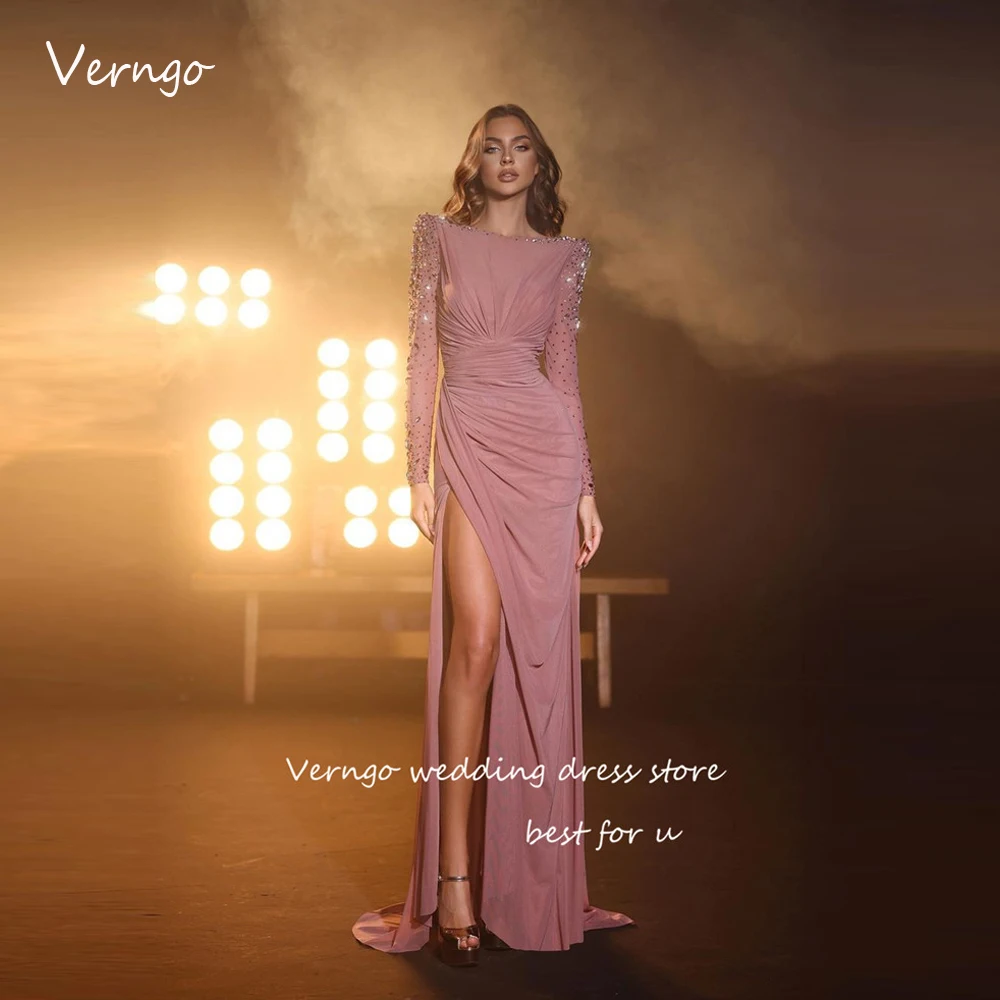 Top Trends: Verngo Sparkly Beads Blush Pink Silk Evening Dresses Long Sleeves Scoop Neck Pleats Arabic Prom Gowns Formal Occasion Party Shoppable Styles